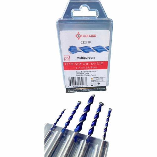 Cle-Line 1838 Series 5PC HSS Multi Purpose Carbide Tipped Masonry Drill Set 1/8,5/32,3/16,1/4,5/16 1 Cle-Line 1838 Series 5PC HSS Multi Purpose Carbide Tipped Masonry Drill Set 1/8,5/32,3/16,1/4,5/16