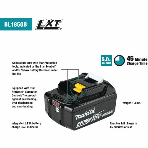 Makita® LXT® Power Tool Battery, 5.0Ah, Lithium-Ion, 18V, 45 Min Charge Time 2 Makita® LXT® Power Tool Battery, 5.0Ah, Lithium-Ion, 18V, 45 Min Charge Time - Image 2