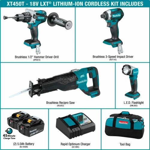 Makita® LXT® Cordless 4-Pc. Combo Kit, 5.0Ah, 18V, Lithium-Ion, Brushless, 1550 lbs Torque 2 Makita® LXT® Cordless 4-Pc. Combo Kit, 5.0Ah, 18V, Lithium-Ion, Brushless, 1550 lbs Torque - Image 2