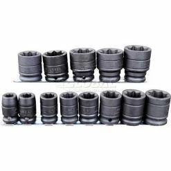 Urrea Impact Socket Set, 74J8P, 1/2" Drive, 8 Pt, 3/8"-1 1/8", 13 Pieces W/Clips & Rail